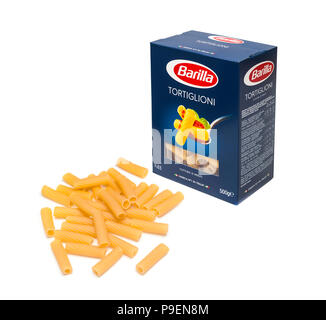 Barilla Tortiglioni pasta italiana in una scatola Foto Stock
