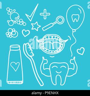 Set di vettore di cure dentarie simboli isolati su moderni colori dello sfondo. Illustrazione Vettoriale