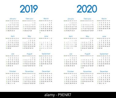 Nuovo anno 2019 e 2020 Calendario vettore moderno design semplice con la rotonda di san serif font,l'evento di festa planner,settimana inizia domenica Illustrazione Vettoriale