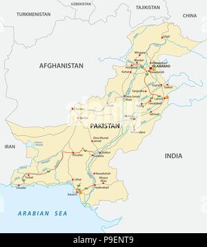 Repubblica islamica del Pakistan road mappa vettoriale. Illustrazione Vettoriale