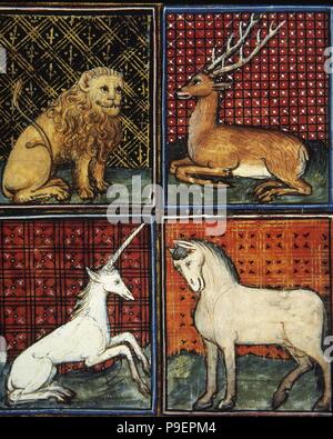 Medievale. Gotico internazionale, Francia. "Livre des propietes des choses" dal sacerdote inglese Barthelemy l'Anglais, del XIII secolo. Miniatura del XV secolo. Lion, cervi, Unicorn e cavallo. Museo Conde. Chantilly. La Francia. Foto Stock