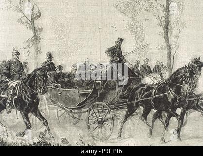 Guerra franco-prussiana. 1870-1871. Napoleone III Bonaparte (1808-1873) catturati dall'esercito prussiano dopo la battaglia di Sedan (settembre 1870). Incisione. Xix secolo. Foto Stock