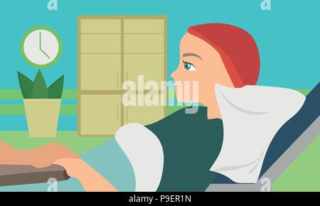 Paziente oncologico composizione piana con la giovane donna giacente in letto medicale Illustrazione Vettoriale