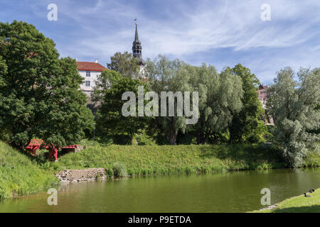 La collina di Toompea presso il centro storico con edifici vecchi e la Cattedrale di Santa Maria la torre vista dal Toompark a Tallinn, in Estonia, in una giornata di sole in estate. Foto Stock