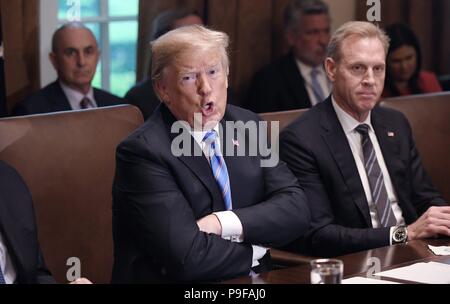 Washington, DC. 18 Luglio, 2018. Il Presidente degli Stati Uniti, Donald Trump parla nel corso di una riunione del gabinetto nel Cabinet Room della Casa Bianca, luglio 18, 2018 a Washington, DC. Credito: Olivier Douliery/Piscina via CNP | Utilizzo di credito in tutto il mondo: dpa/Alamy Live News Foto Stock