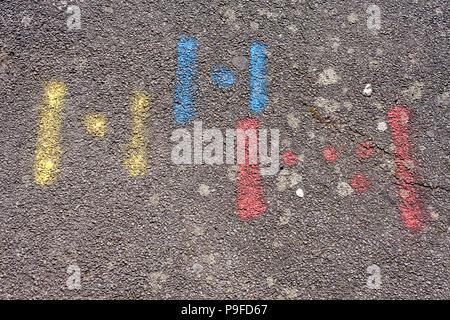 Verniciato a spruzzo marcature a sinistra su strada da parte di contraenti per indicare il posizionamento di acqua, di gas e di energia elettrica. Foto Stock