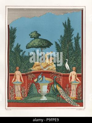 La pittura murale di Bacco con pavoni e fontane da un giardino nel muro della casa di Romolo e Remo, VII.VII.10. Chromolithograph da Victor Steeger dopo una illustrazione da Geremia Discanno da Emile Presuhn's Les Plus Belles Peintures de Pompei (i più bei dipinti di Pompei), Lipsia, 1881. Foto Stock