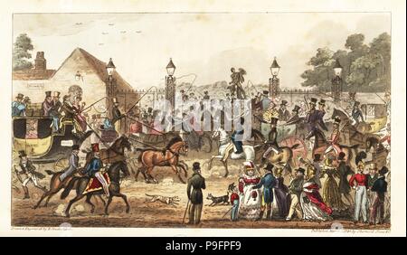 Regency fops e belles promenading a Hyde Park Gate. La data di arrivo o di entrata occidentale a Cockney Terra. Copperplate Handcolored disegnato e inciso da Robert Cruikshank dall'inglese Spy, Londra, 1825. Scritto da Bernard Blackmantle, uno pseudonimo di Charles Molloy Westmacott. Foto Stock