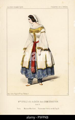 Il mezzosoprano Rosine Stoltz come Zaida in Dom Sebastien, atto II, di Gaetano Donizetti, Teatro de l'Opera, 1843. Litografia Handcolored dopo una illustrazione di Victor Dollet da Galerie Dramatique: costumi des teatri de Paris, Paris, 1845. Foto Stock