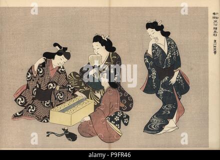 Cortigiane ballando e giocando sugoroku (Giapponese backgammon) con un cliente nel piacere trimestri. Woodblock print da Hishikawa Moronobu (1618-1694) da Fuzoku Emakimono, scorrimento immagine dell'acqua Commercio, Tokyo, ristampa di circa 1880. Foto Stock