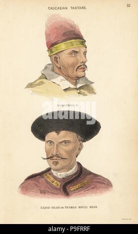 Ritratti di Maometto II o Mehmed il conquistatore, sultano ottomano, mostrando il bagno turco Ouralian carattere e Nadir Shah, o Thamas Kouli Khan, o lo slave di Thamas, XVIII secolo conquistatore. Tartari caucasica. Acciaio Handcolored incisione di Lizars dopo una illustrazione di Charles Hamilton Smith dalla sua storia naturale della specie umana, Edimburgo, W. H. Lizars, 1848. Foto Stock