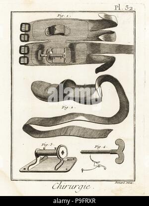 Xviii secolo knee pad 1, pantofola 2, verricello 3 ed il tasto 4. Incisione su rame di Robert Benard da Denis Diderot enciclopedia, pellet, Ginevra, 1779. Foto Stock