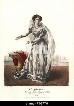 Mlle Henrietta Charton come Leonore nel Fiesque da Francois Ancelot, Theatre Royal de l'Odeon, 1824. Litografia Handcolored da F. Noel dopo una illustrazione da Lavigne Marin dai ritratti d'Acteurs et d'Actrices dans diversi ruoli, F. Noel, Parigi, 1825. Foto Stock