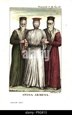 Sposa armena avvolto in un sacco, supportato da due delle sue relazioni più vicina. Illustrazione da Francois Pouqueville viaggi attraverso ulteriori, in Albania e in diverse altre parti dell'Impero Ottomano, 1805. Incisione su rame da Dell'Acqua handcolored da Lazaretti da Giovanni Battista Sonzogno la raccolta dei più interessanti Viaggi (Raccolta de Viaggi piu interessanti), Milano, 1815-1817. Foto Stock