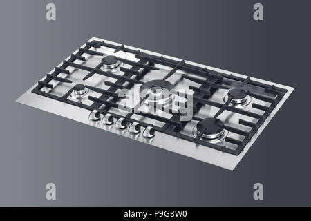 Cucina a gas del piano di cottura di fronte a uno sfondo scuro, percorso di selezione inclusi. 3d illustrazione Foto Stock