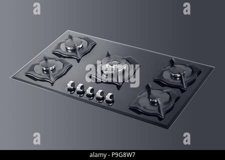 Cucina a gas del piano di cottura di fronte a uno sfondo scuro, percorso di selezione inclusi. 3d illustrazione Foto Stock