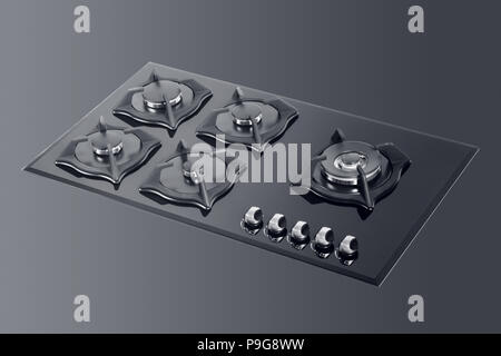 Cucina a gas del piano di cottura di fronte a uno sfondo scuro, percorso di selezione inclusi. 3d illustrazione Foto Stock