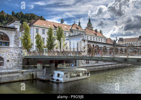 Lubiana, Slovenia, 11 AGOSTO 2017: Cityscape vista sul fiume Ljubljanica canal grande e il ponte di macellai di Lubiana in old town Foto Stock