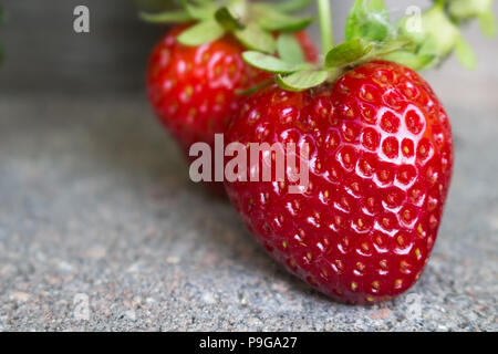 Due organici, homegrown fragole, uno a forma di cuore, appeso a un lastricatore marciapiede Foto Stock