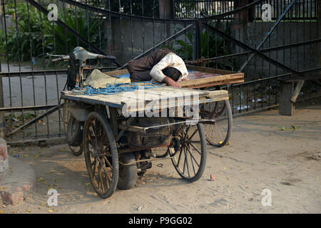 Street scene di vita reale a Delhi in India. Un uomo è in stato di stop sul retro del suo carrello. Questo è stato fotografato da un veicolo in movimento Foto Stock