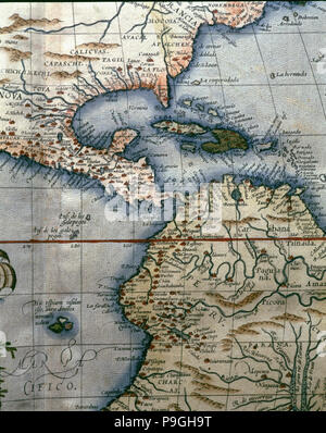 "Theatrum Orbis Terrarum" da Abraham Ortelius, Anversa, 1574, mappa di America Centrale, West Indie… Foto Stock