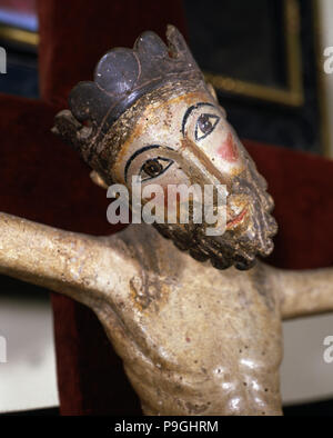 "Cristo di Solsona', polychromed intaglio del legno, dettaglio della parte superiore. Foto Stock