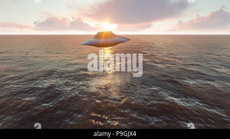 Ufo volare oltre oceano 3d illustrazione Foto Stock