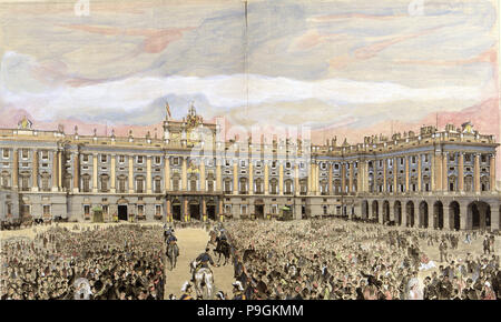 Controllare il re nel Palazzo Reale di Madrid", Alfonso XII, Re di Spagna (1857-1885), incisione … Foto Stock