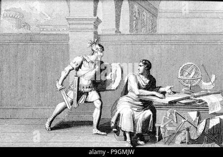 Morte di Archimede, ucciso da un soldato romano durante l assalto a Siracusa, incisione del 1830,… Foto Stock