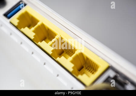 Porte Ethernet sul retro di un router, connettività Foto Stock