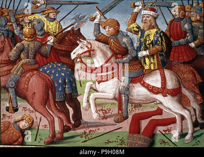 Carlo Magno che conduce le sue truppe in una battaglia contro i Saraceni in Spagna. (780). Miniatura… Foto Stock