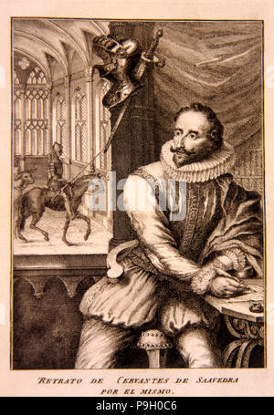 Miguel de Cervantes Saavedra (1547-1616), Self-portrait in 'Dsu Chisciotte', Madrid edizione del 1674… Foto Stock