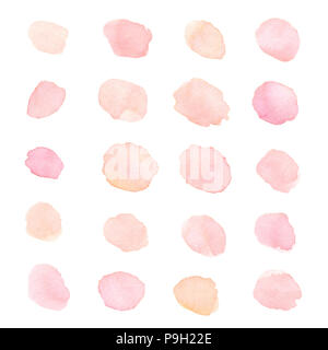 Dipinto a mano morbida rosa e pesca acquerello puntini e macchie isolate su uno sfondo bianco. Texture pastello per il design. Foto Stock