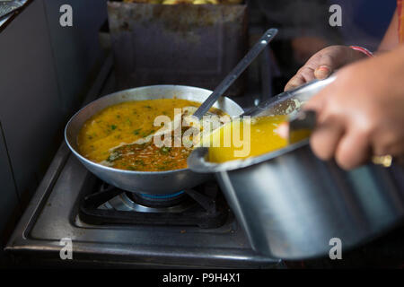 Una donna che fa il curry il pranzo nella loro cucina a casa. Foto Stock