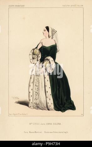 Opera italiana cantante Giulia Grisi come Ann Boleyn in opera Anna Bolena di Gaetano Donizetti, il Theatre Royal Italien, 1832. Litografia Handcolored dopo una illustrazione di Victor Dollet da Galerie Dramatique: costumi des teatri de Paris, Paris, 1844. Foto Stock