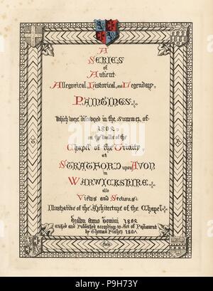 Titolo calligrafico lettura una serie di allegorico Antient storica e leggendaria dipinti che furono scoperte nell'estate del 1802 sulle pareti della Cappella della Trinità a Stratford upon Avon nel Warwickshire. Handcolored incisione da Thomas Fisher dipinti sulle pareti della Cappella della Trinità, Stratford upon Avon, 1808. Foto Stock