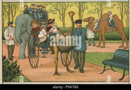 Bambini equitazione sulla Mumbo l'elefante nel Jardin d'Acclimatation, Lac du Jardin a Porte Maillot e Paris. Altri cavalcare un cammello dromedario e struzzo. Color woodblock dopo una illustrazione di Thomas gru ed Ellen Houghton dall'estero, Marcus Ward, Londra, 1882. Foto Stock