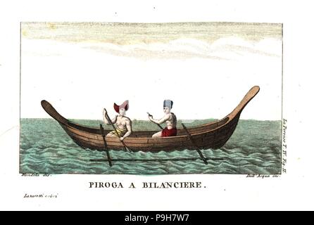 Canoa Outrigger dell Isola di Pasqua (Rapa Nui). Illustrazione di Blondla da Jean Francois Laperouse il viaggio. Incisione su rame da Dell'Acqua handcolored Lazaretti da Giovanni Battista Sonzogno la raccolta dei più interessanti Viaggi (Raccolta de Viaggi più interessanti), Milano, 1815-1817. Foto Stock