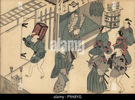 Il Samurai e servo, cortigiane e mercanti e nel piacere trimestri. Woodblock print da Masanobu Okumura (1686-1764) da Fuzoku Emakimono, scorrimento immagine dell'acqua Commercio, Tokyo, ristampa di circa 1880. Foto Stock