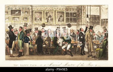 Regency colleghi bevendo gin presso il Club di Daffy, svoltasi a Tom Belcher il castello di Taverna, Holborn. Dipinti di pugili famosi tra cui John Jackson, Daniel Mendoza, Tom Cribb e il cane da combattimento fidato. Il Club di Daffy, o un Musical Muster della fantasia. Copperplate Handcolored disegnato e inciso da Robert Cruikshank dall'inglese Spy, Londra, 1825. Scritto da Bernard Blackmantle, uno pseudonimo di Charles Molloy Westmacott. Foto Stock