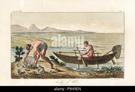 Nativi su Obi isola in una canoa outrigger raccolta di conchiglie. Gli abitanti dell'isola di Pulau Obi, Indonesia, sono per la maggior parte schiavi fuggiti da Ternate, isole Molucche. Copperplate Handcolored incisi da Andrea Bernieri da Giulio Ferrario le antiche e moderne costumi di tutti i popoli del mondo, Firenze, Italia, 1844. Foto Stock