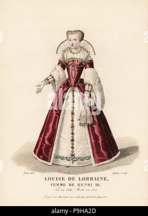 Louise di Lorena, moglie del Re Enrico III di Francia, 1534-1601. Indossa un piccolo cappuccio copricapo, montante collare in pizzo, surtout decorate con perle e gioielli, manicotti di pelliccia, e ricamato petticoat. Essa detiene un fazzoletto di pizzo. Dopo una miniatura su pergamena in Roger Gaignieres' portafoglio. Handcolored incisione su rame di Georges Jacques Gatine dopo una illustrazione di Louis Marie Lante da Galerie Francaise de Femmes Celebres, Parigi, 1827. Foto Stock