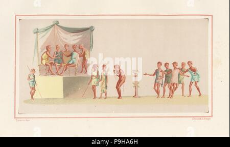 Dipinto di scena di un giorno di festa dal nuovo fullonica (fuller's shop), Regio VI, Insula XIV, 21. Chromolithograph da Victor Steeger dopo una illustrazione da Geremia Discanno da Emile Presuhn's Les Plus Belles Peintures de Pompei (i più bei dipinti di Pompei), Lipsia, 1881. Foto Stock