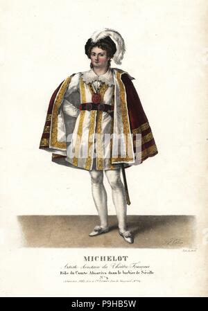 Attore Pierre Marie Nicolas Michelot come le Comte Almaviva in Le Barbier de Seville da Pierre Beaumarchais, Teatro Francais. Litografia Handcolored da F. Noel dopo una illustrazione da Alexandre-Marie Colin dai ritratti d'Acteurs et d'Actrices dans diversi ruoli, F. Noel, Parigi, 1825. Foto Stock