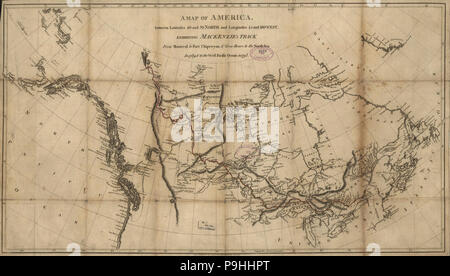 Una mappa di America tra le latitudini 40 e 70 a nord e longitudine 45 e 180 West che esibisce Mackenzie è via da Montreal a Fort Chipewyan & di là per il mare del Nord nel 1789 e a ovest Foto Stock