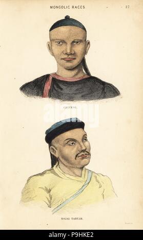 Uomo cinese e Tatar uomo di Nogai Horde. Mongolic gare. Acciaio Handcolored incisione di Lizars dopo una illustrazione di Charles Hamilton Smith dalla sua storia naturale della specie umana, Edimburgo, W. H. Lizars, 1848. Foto Stock