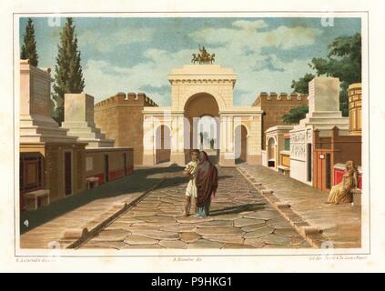 Vista della strada di tombe al di fuori della porta di Ercolano e Pompei. Chromolithograph e illustrazione di G. Autoriello da Antonio Niccolini Pompei: Viste e restauri (Pompei: Essaies et restauri), pubblicato da Zucchi & De Luca, Napoli, 1898. Antonio era nipote dell'architetto Antonio Niccolini Sr. Foto Stock