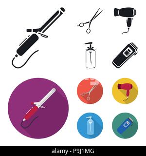 Asciugacapelli, asciugacapelli, lozione, forbici. Parrucchiere set di icone di raccolta in nero, piatto stile simbolo vettore illustrazione stock . Illustrazione Vettoriale