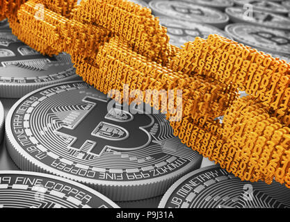 Concetto di Blockchain. Oro catena digitale di interconnessi 3D i numeri sulla Bitcoins argento. 3D'illustrazione. Foto Stock