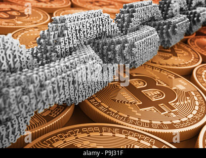 Argento catena digitale di interconnessi 3D i numeri sul Golden Bitcoins. 3D'illustrazione. Foto Stock